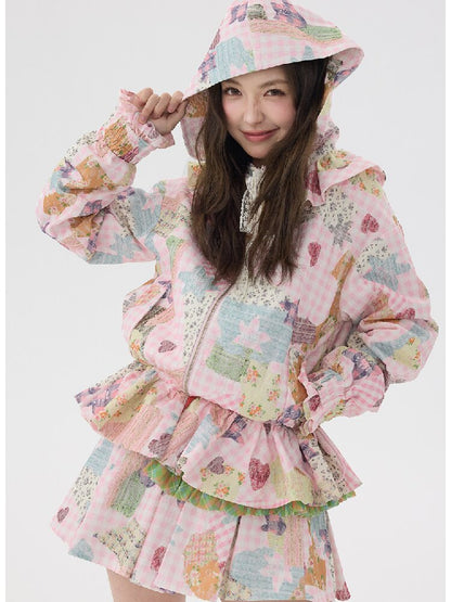 Pink Lace Print Collar Coat Suit【s0000016192】