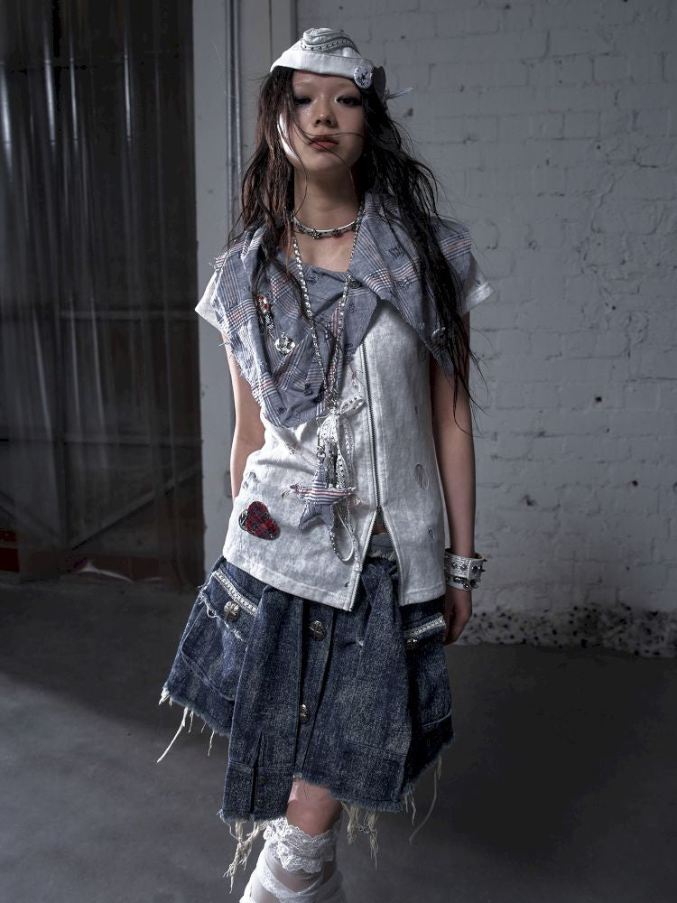 Faux two-piece distressed short-sleeved T-shirt【s0000012790】