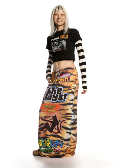 American Tiger Print Skirt Long Sweat Skirt【s0000014906】