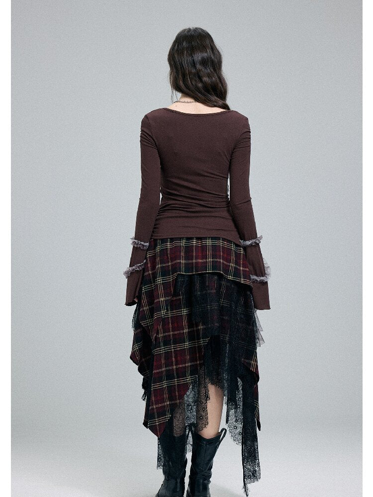 Damaged Plaid Lace Irregular Skirt【s0000016263】