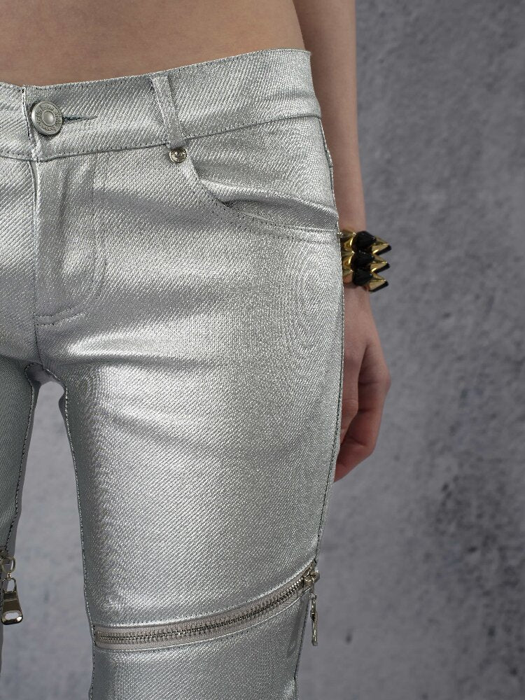 Silver Coated Studded Zip Pants【s0000016946】