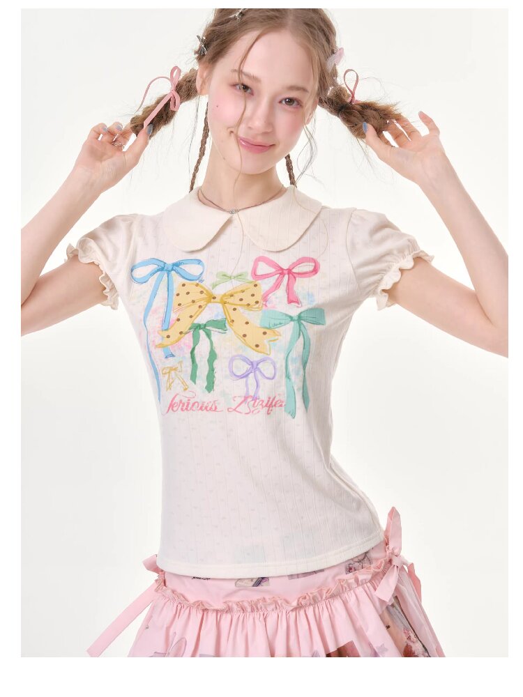 Puff Sleeve Bow Print T-Shirt【s0000016617】