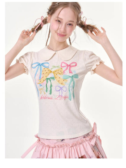 Puff Sleeve Bow Print T-Shirt【s0000016617】