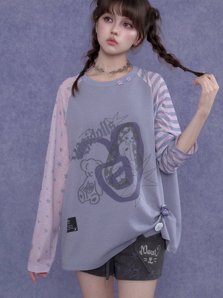 Doodle Print Raglan Sleeve T-Shirt【s0000017867】