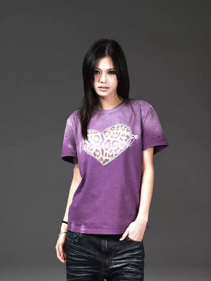 Leopard Heart Damaged Worn Tee【s0000018270】