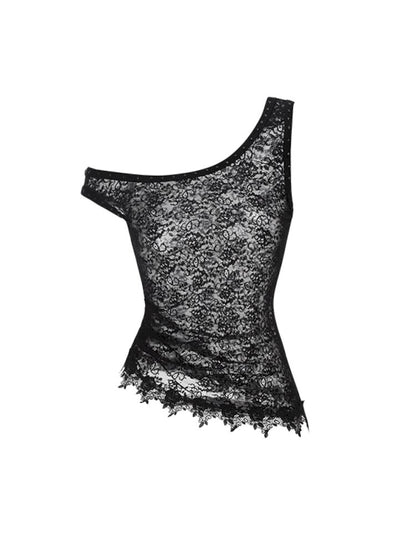 Slant Shoulder Asymmetric Lace See Through Overlay Vest【s0000009708】