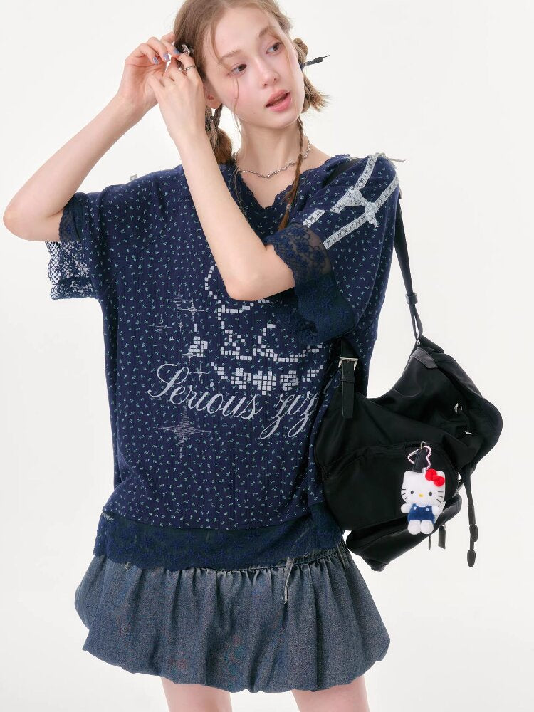 Dark Blue Rabbit Floral Lace T-Shirt【s0000016602】