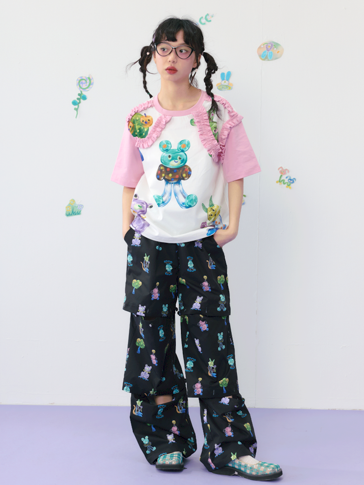 Candy Print Frilly Lace Cotton T-Shirt [S0000009539]