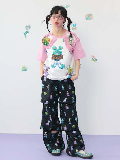Candy print frilly lace cotton T-shirt【s0000009539】