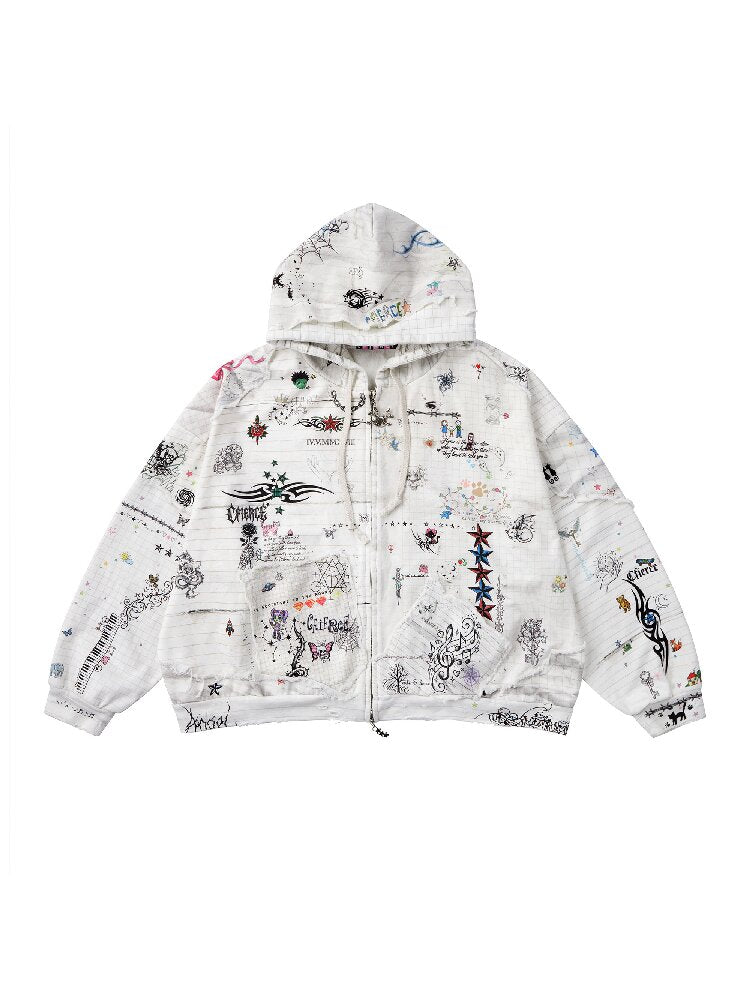 Torn Manuscript Print Sweatshirt Jacket【s0000018735】