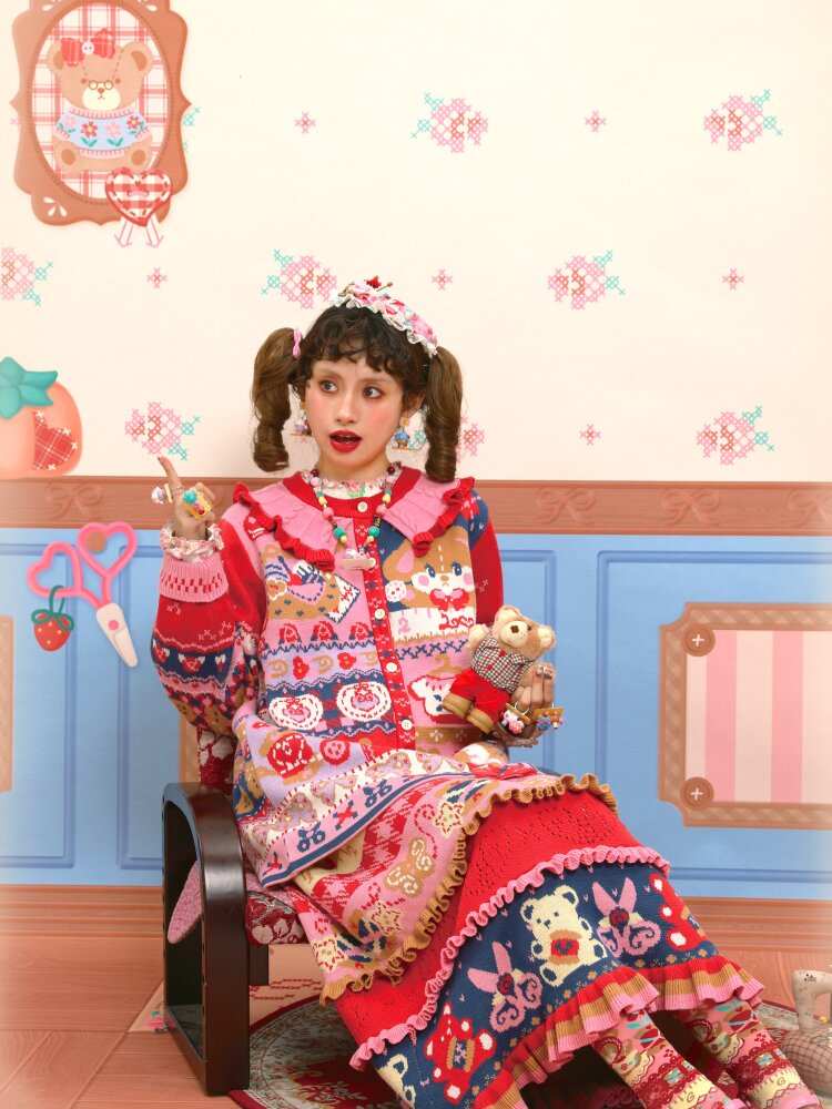 Red Navy Blue Jacquard Cardigan【s0000015570】