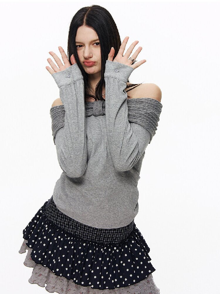 One Shoulder Bow Long Sleeve Top【s0000015875】
