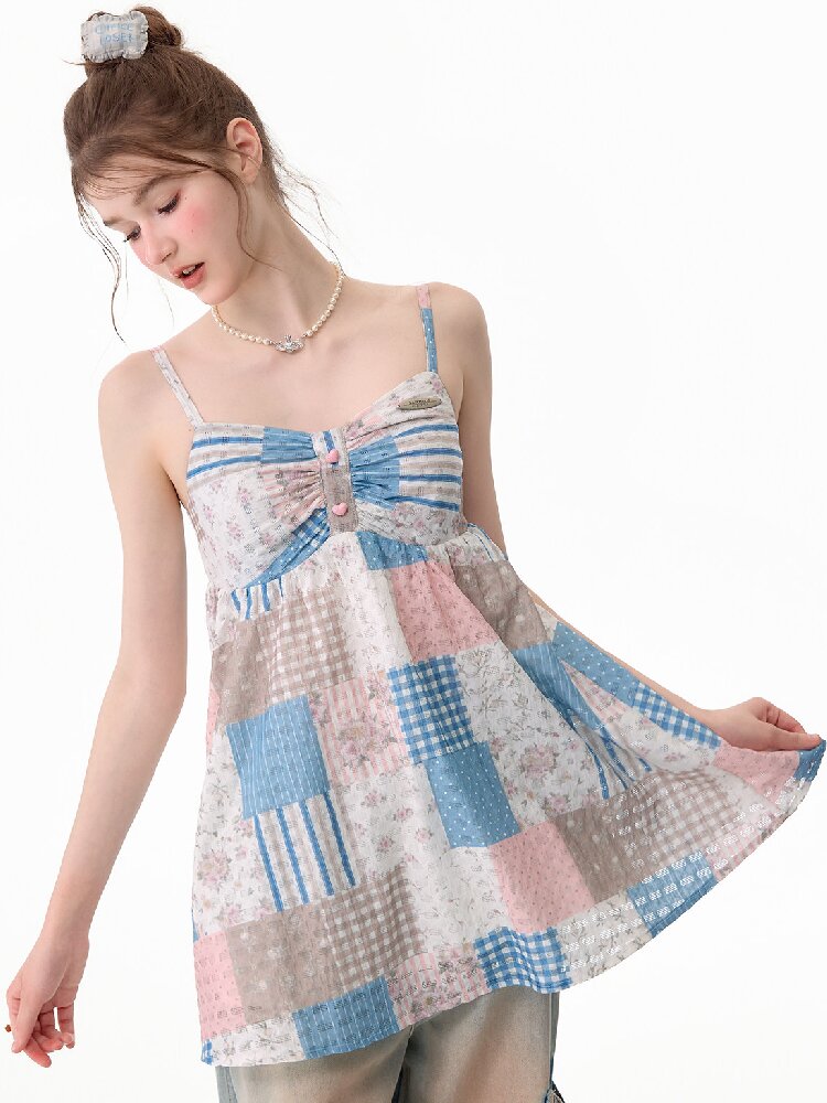 Color-Blocked Floral Plaid Tank Top【s0000017674】