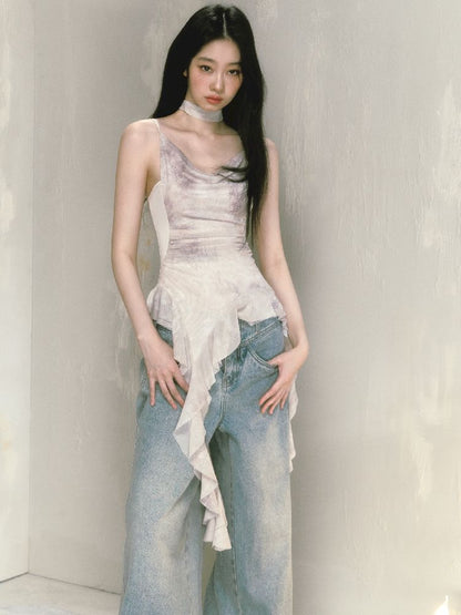 Wide-leg broken holes micro-laundry jeans【s0000012140】