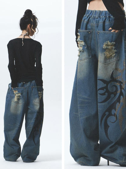 Distressed loose cuffed jeans【s0000012685】