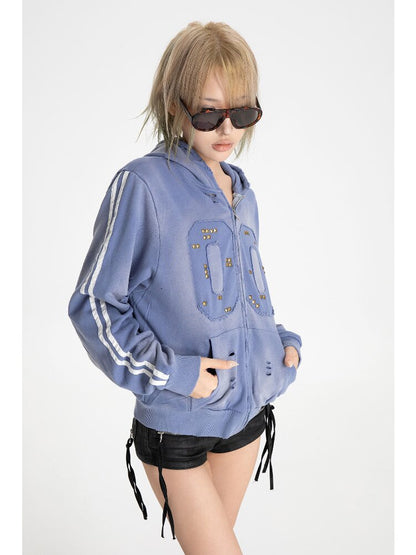 Embroidered Distressed Zipper Hoodie【s0000018569】