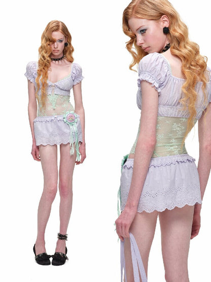 Lace Mesh Patchwork Bodysuit Blouse【s0000016908】