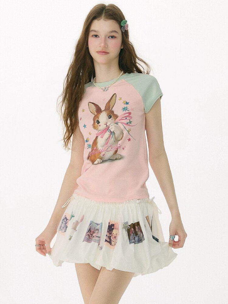 Summer Retro Contrast Rabbit T Shirt【s0000017159】