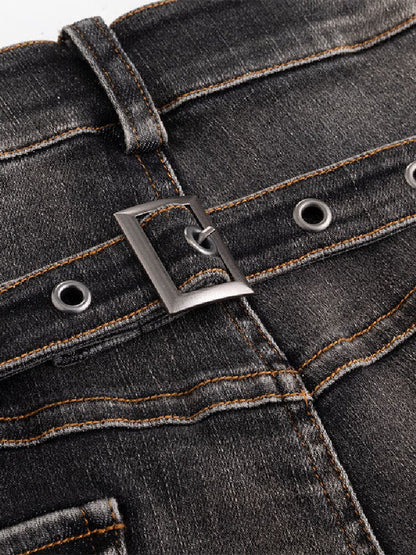 Distressed Metal Buckle Denim Shorts【s0000016285】