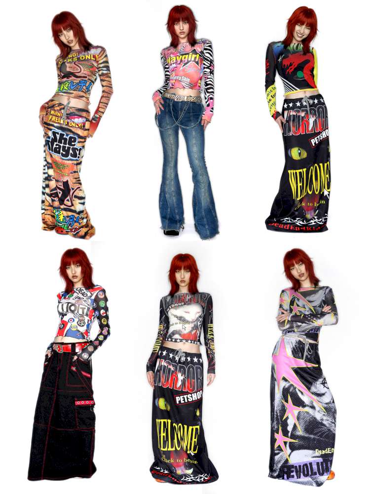 Y2K Millennium Print Long Sleeve Mesh Top【s0000014915】