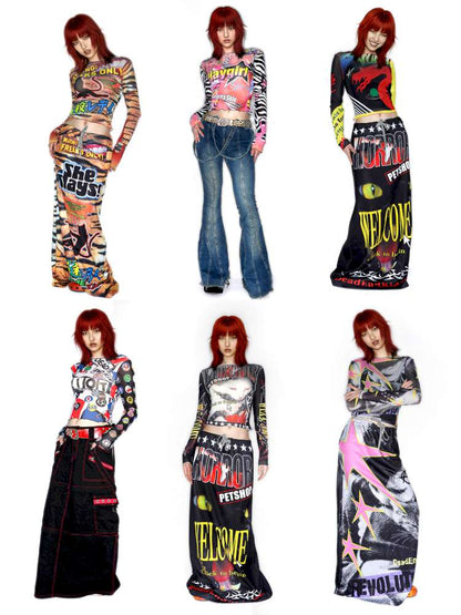 Y2K Millennium Print Long Sleeve Mesh Top【s0000014915】