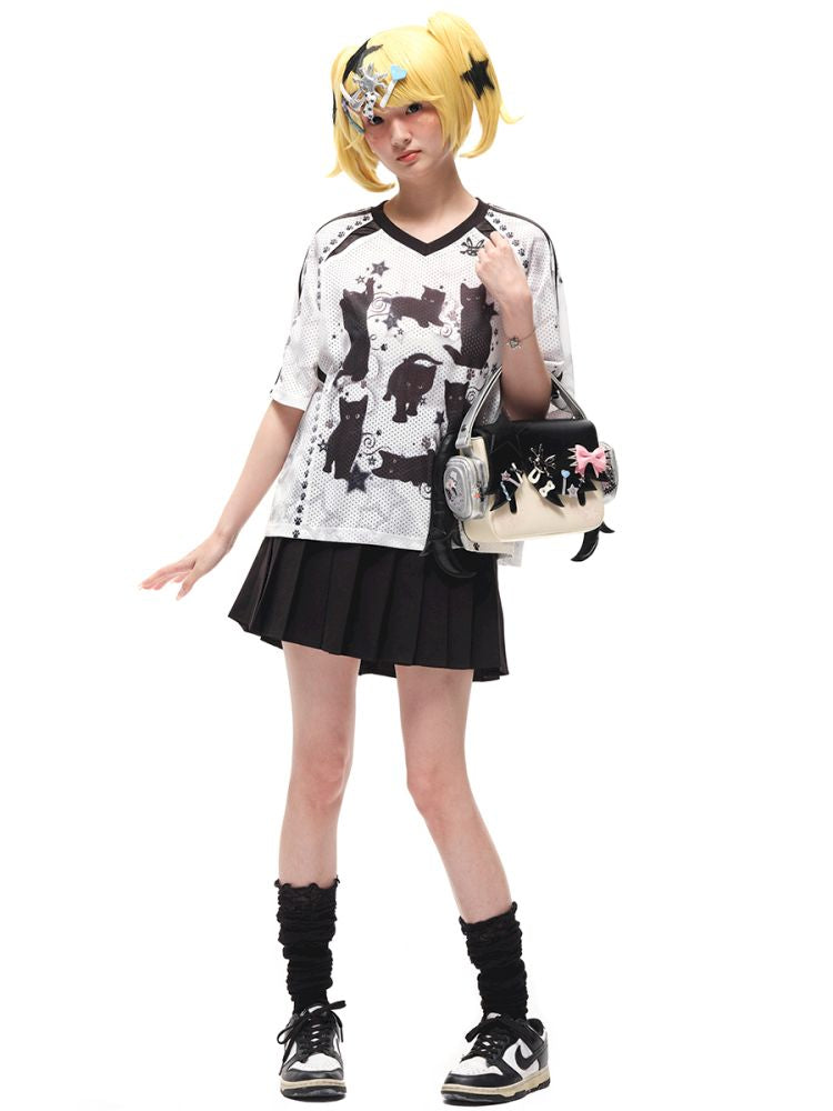 Black cat print shoulder sleeve t-shirt【s0000012586】