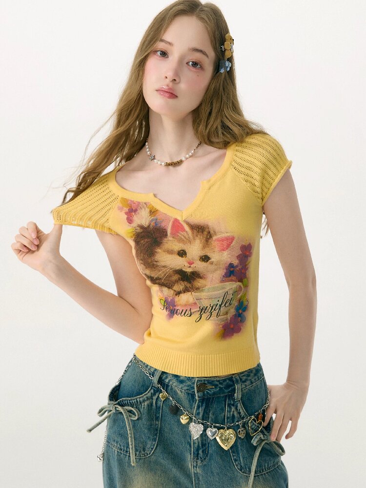 Warm Yellow Cat Print Knitted T-Shirt【s0000017148】