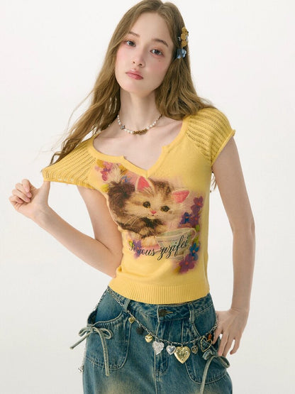 Warm Yellow Cat Print Knitted T-Shirt【s0000017148】