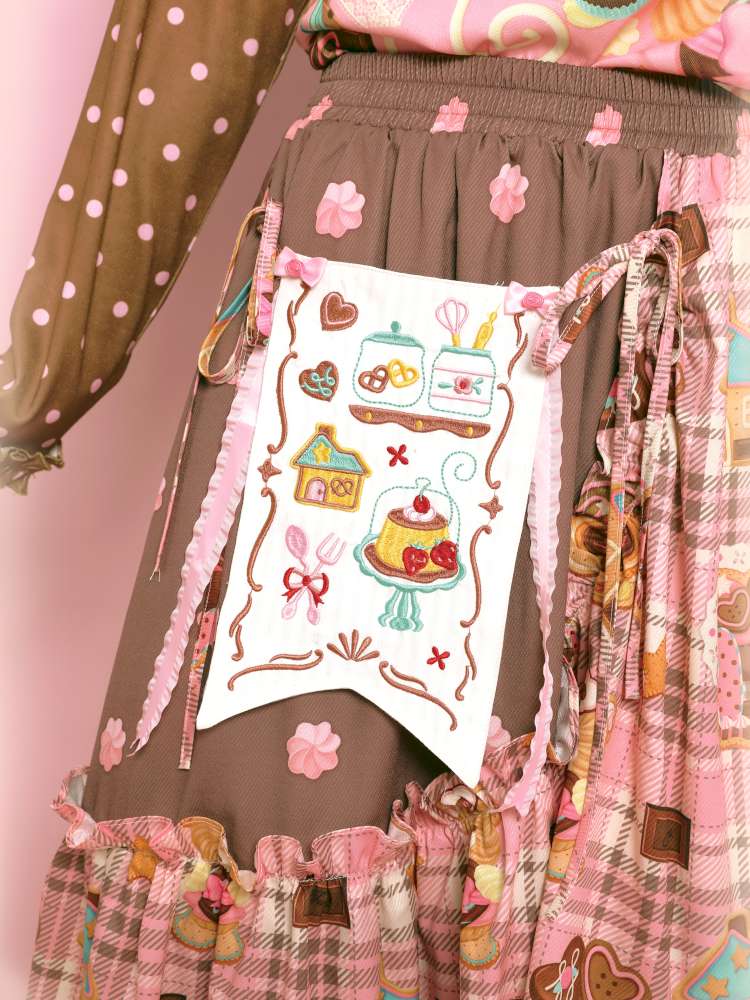 Embroidered Patch Design Bow Elastic Waist Skirt【s0000014515】