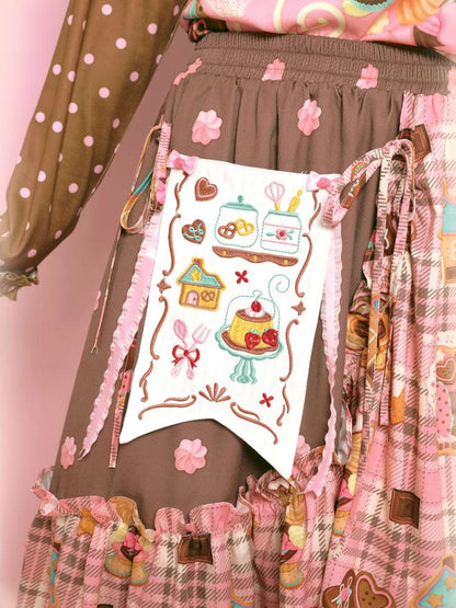 Embroidered Patch Design Bow Elastic Waist Skirt【s0000014515】