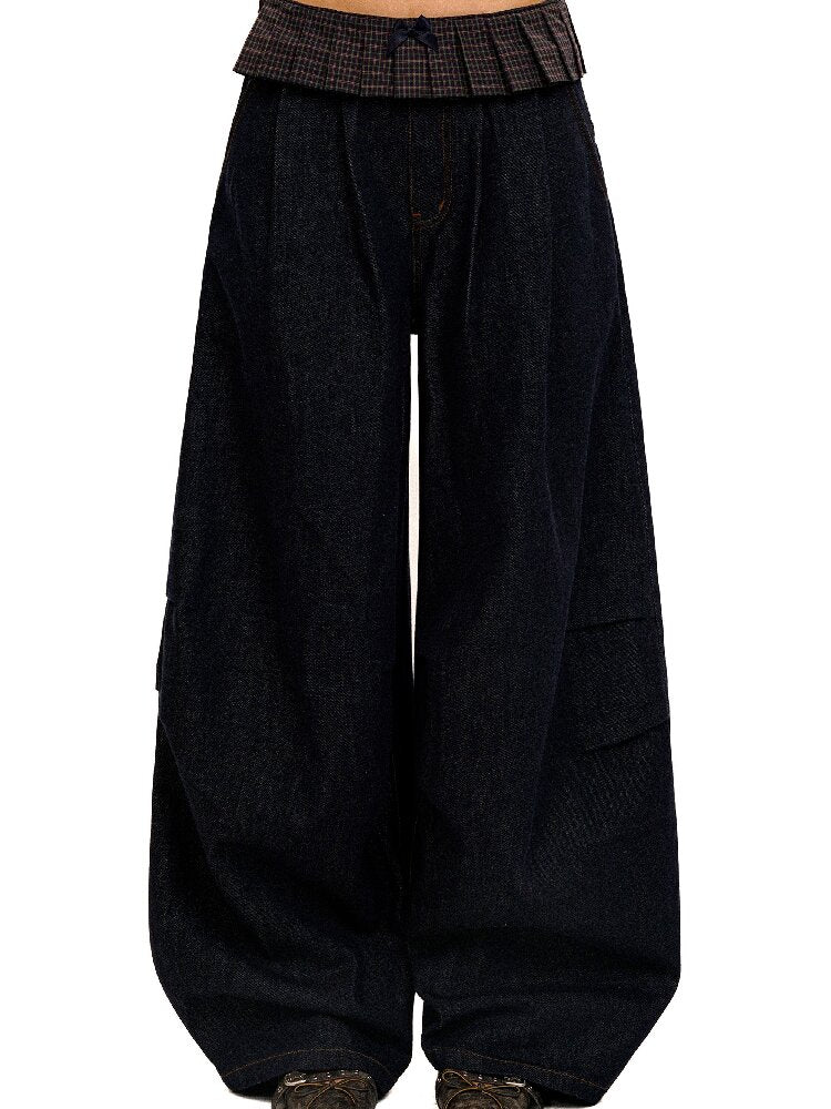 Pleated Plaid Straight Leg Jeans【s0000017912】