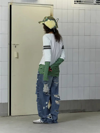 Patchwork Striped Long-Sleeve T-Shirt【s0000014207】