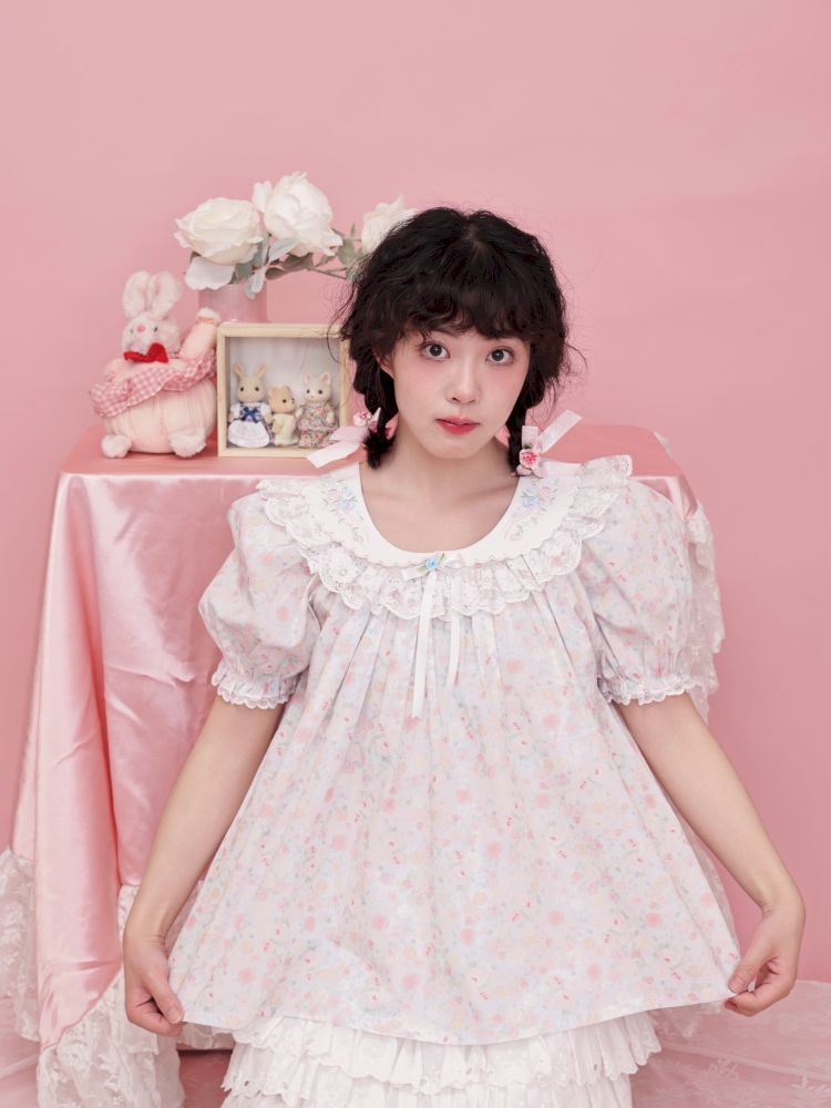 Rose pattern puff sleeve top【s0000012851】