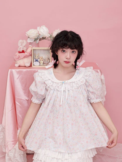 Rose pattern puff sleeve top【s0000012851】