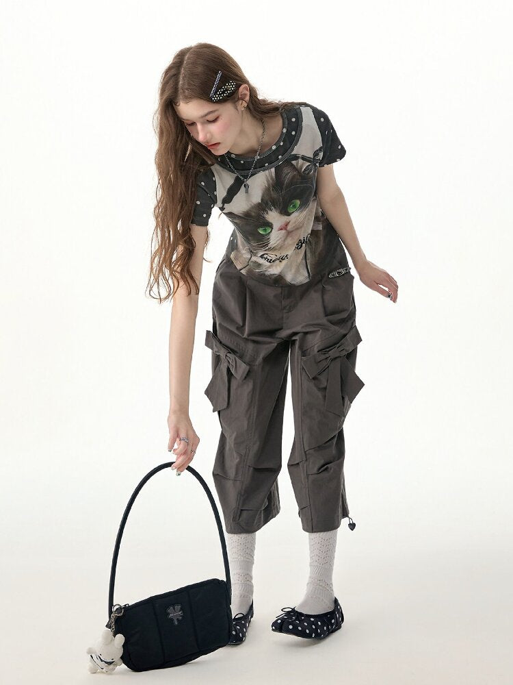 Vintage Polka Dot Cat Print T Shirt【s0000017312】