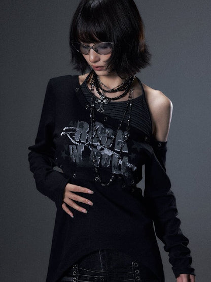 Punk Striped Halter Long-Sleeve T【s0000018003】