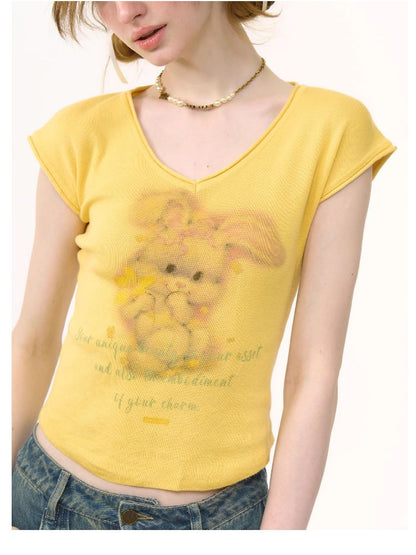 Rabbit Printing V-Neck Short Sleeve T-shirt【s0000012236】