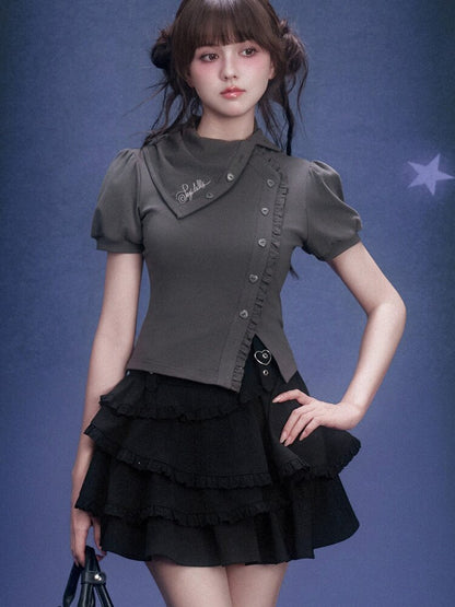 Diagonal Placket Stacked T-shirt【s0000015762】