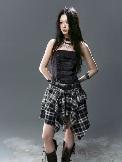 Asymmetrical patchwork plaid strapless dress【s0000012808】
