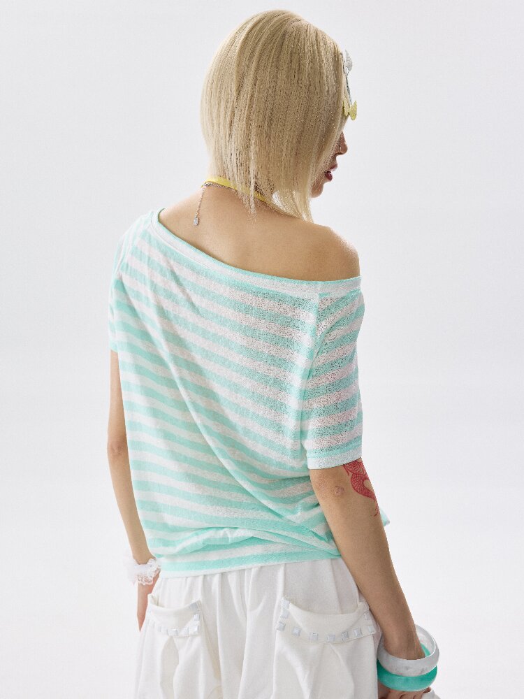 Single Shoulder Striped Halter T Shirt【s0000017640】
