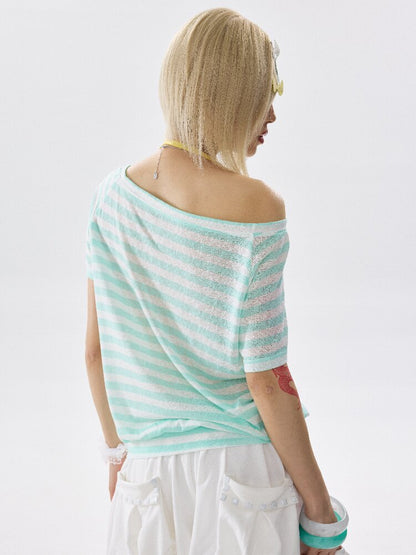 Single Shoulder Striped Halter T Shirt【s0000017640】