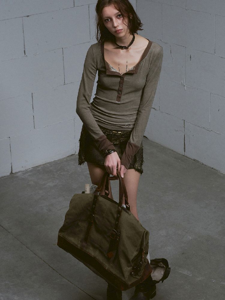 Henley Collar Knit T-Shirt【s0000011850】