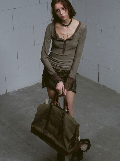 Henley Collar Knit T-Shirt【s0000011850】