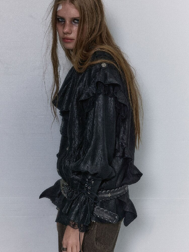 Patchwork Pearlescent Ruffled Stand Collar Shirt【s0000019242】