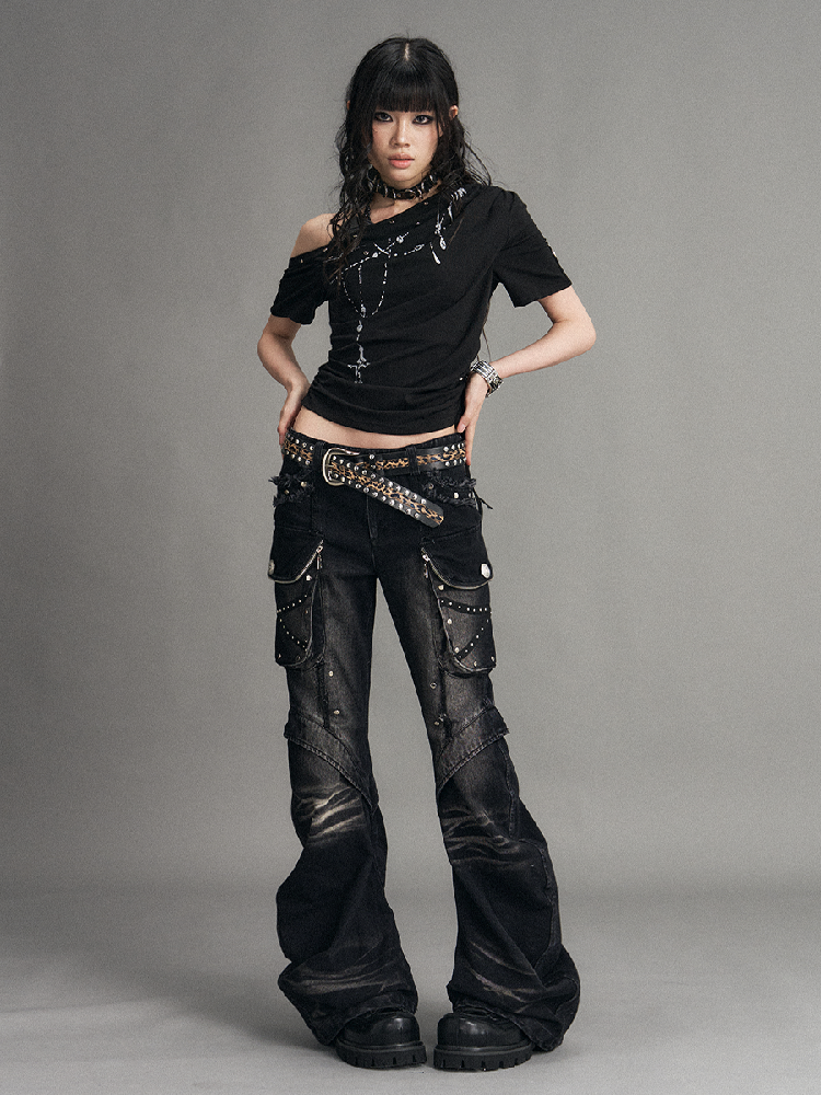 Punk Heavy Work Washed Flared Jeans【s0000017535】