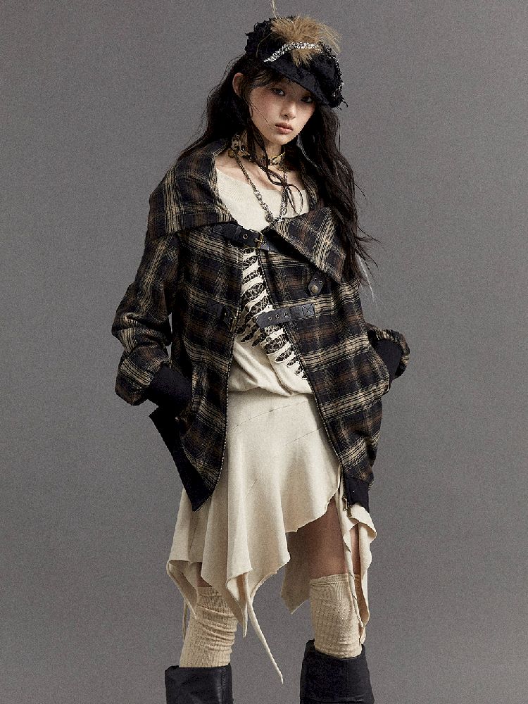 LOOSE PLAID ASYMMETRICAL SWEATER JACKET [S0000010326]