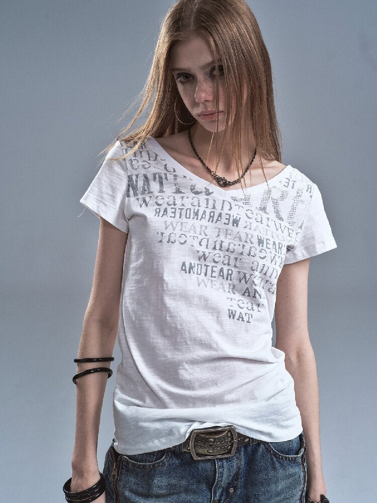V-neck Letter Print Cotton T-shirt【s0000016638】