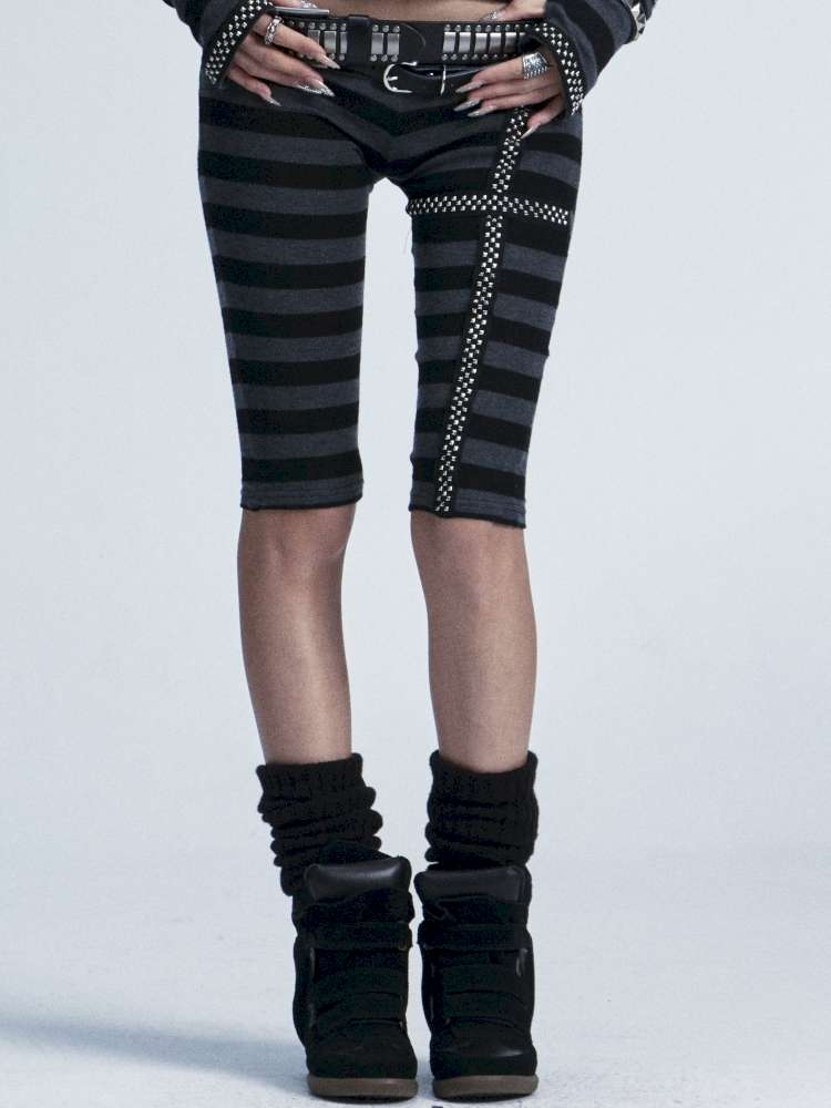 Black Gray Striped Stud Top Set【s0000014667】