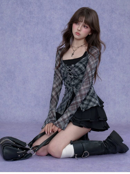 Gray Checkered Tie Wide Neckline Top【s0000017281】