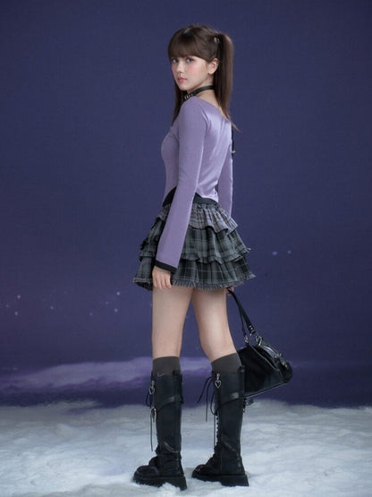 Black Purple Print Fake Two Tee【s0000015469】